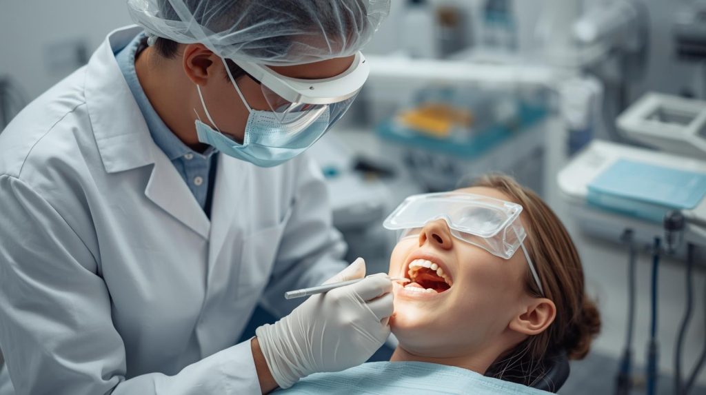 dentist doing patient tooth extraction both have eye covers