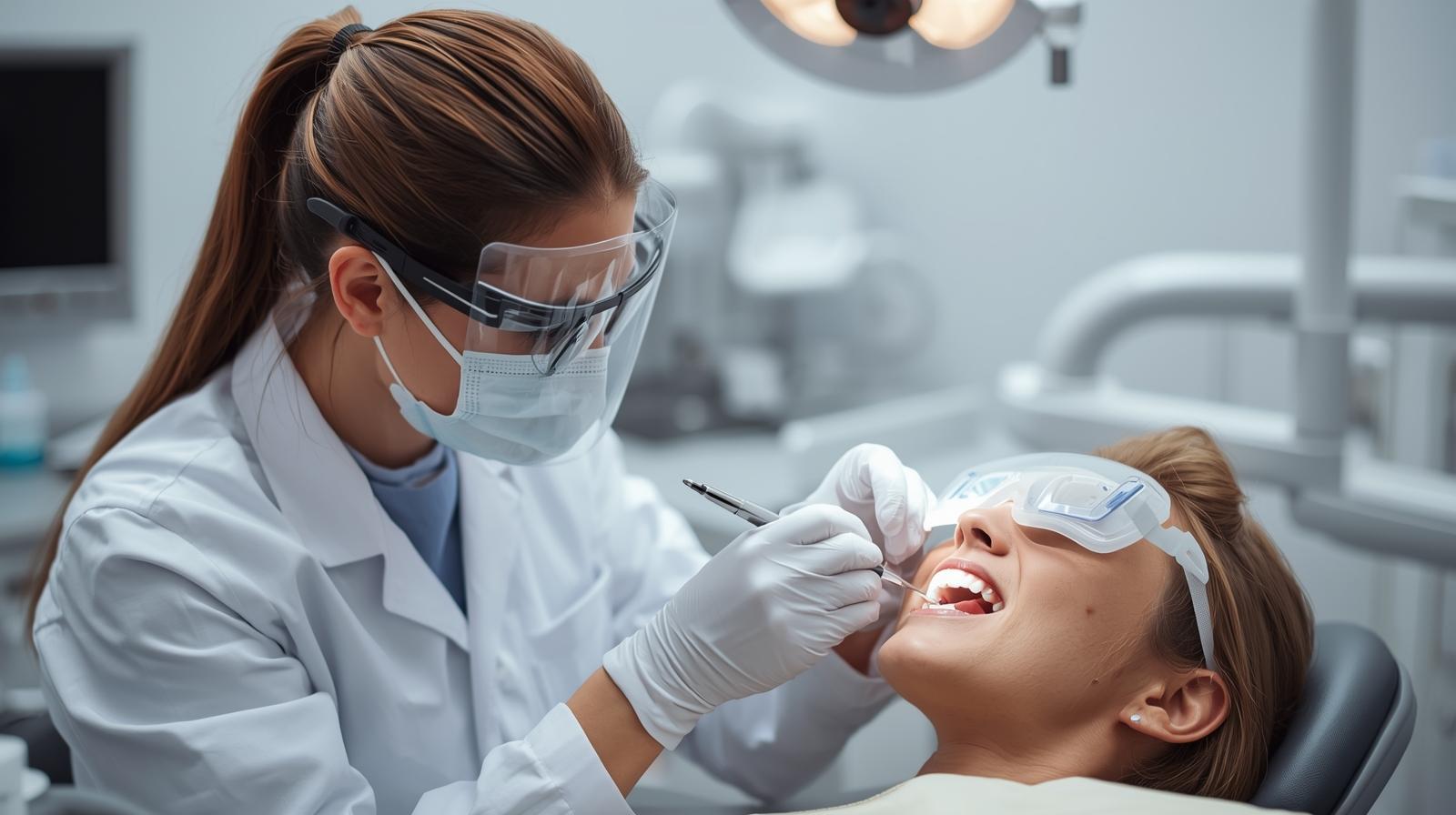 dentist doing Florida treatment for patient , both have eye covers Fluoride Treatment
