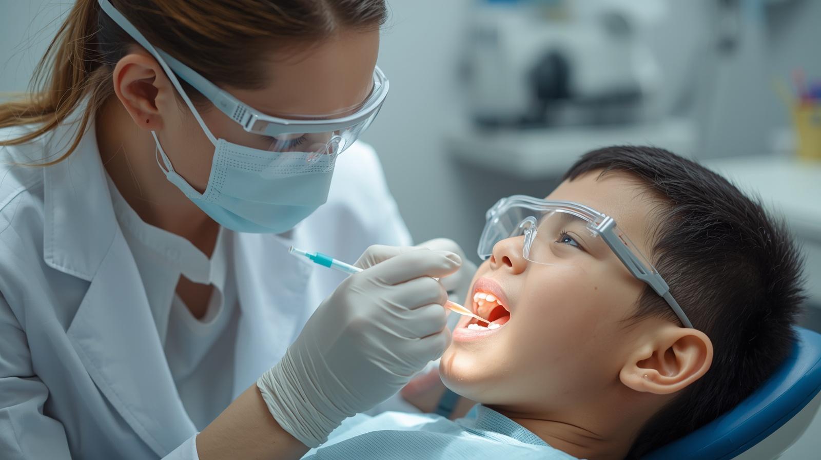 dentist doing patient kid dental sealants , both have eye covers (1) dentist doing patient kid dental sealants , both have eye covers (1)